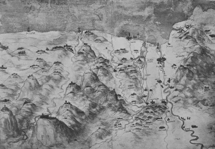 Framed Print : Bird s-Eye View of Part of Tuscany, c1480 (1945). Artist: Leonardo da Vinci Framed Print : Bird s-Eye View of Part of Tuscany, c1480 (1945). Artist: Leonardo da Vinci