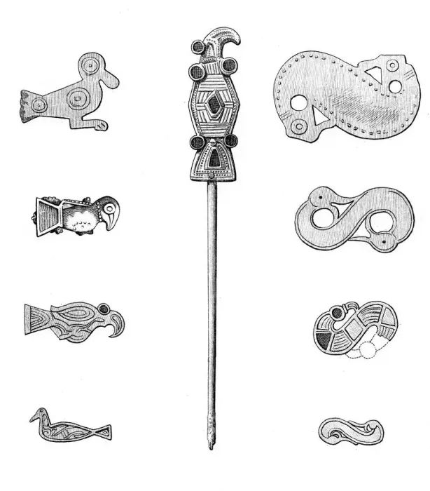 Framed Print : Bird-shaped fibulae, hairpin, and s-shaped fibulae, 1893. Artist: A Housselin Framed Print : Bird-shaped fibulae, hairpin, and s-shaped fibulae, 1893. Artist: A Housselin