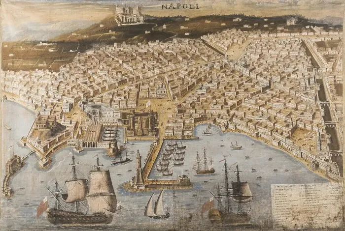 Framed Print : Bird's-eye panoramic view of the Port of Naples with the Castel Sant'Elmo, c1714-1734. Creator: Anonymous Framed Print : Bird's-eye panoramic view of the Port of Naples with the Castel Sant'Elmo, c1714-1734. Creator: Anonymous