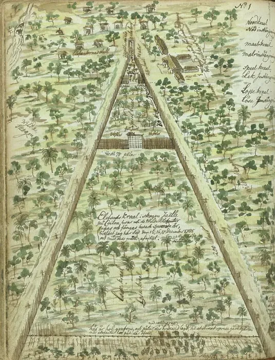 Framed Print : Bird's eye view of elephant corral, 1785. Creator: Jan Brandes Framed Print : Bird's eye view of elephant corral, 1785. Creator: Jan Brandes