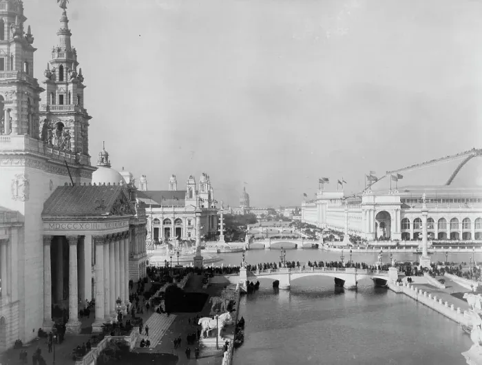 Framed Print : Bird's-eye view of exposition grounds, with canal in foreground, World's Columbian Expo... 1893. Creator: Frances Benjamin Johnston Framed Print : Bird's-eye view of exposition grounds, with canal in foreground, World's Columbian Expo... 1893. Creator: Frances Benjamin Johnston