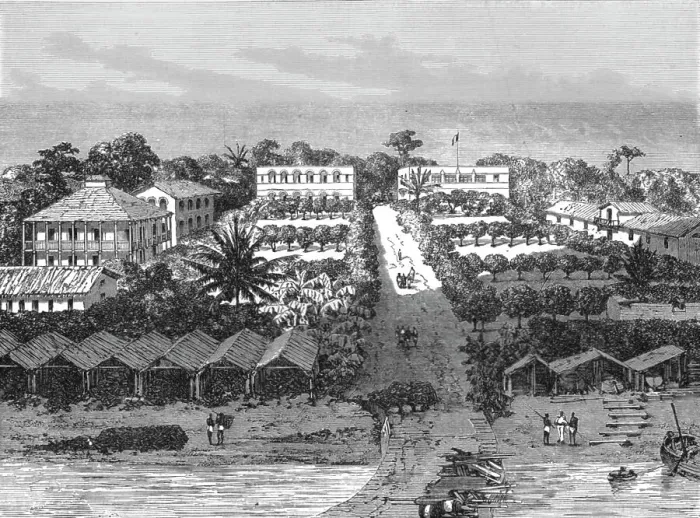 Framed Print : Birds-eye view of the Gaboon settlement; The Gaboon. 1875. Creator: Unknown Framed Print : Birds-eye view of the Gaboon settlement; The Gaboon. 1875. Creator: Unknown