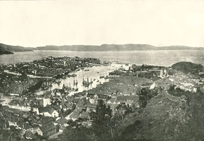 Framed Print : Birds eye view of the harbour, Bergen, Norway, 1895. Creator: Unknown Framed Print : Birds eye view of the harbour, Bergen, Norway, 1895. Creator: Unknown
