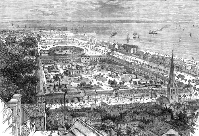 Framed Print : Bird's eye view of the International Maritime Exhibition at Havre, 1868. Creator: Unknown Framed Print : Bird's eye view of the International Maritime Exhibition at Havre, 1868. Creator: Unknown