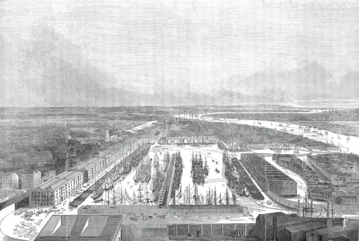 Framed Print : Birds eye view of the London Docks, 1845. Creator: Unknown Framed Print : Birds eye view of the London Docks, 1845. Creator: Unknown