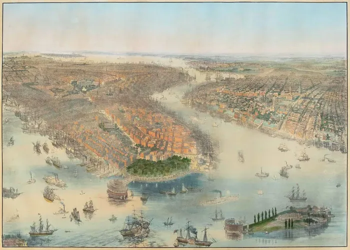 Framed Print : Bird's-eye view of New York City from the West, with Manhattan, and Brooklyn to the East, 1851. Creator: Bachmann, John (1814-1896) Framed Print : Bird's-eye view of New York City from the West, with Manhattan, and Brooklyn to the East, 1851. Creator: Bachmann, John (1814-1896)