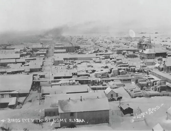 Framed Print : Bird's eye view of Nome with snow, between c1900 and c1930. Creator: Lomen Brothers Framed Print : Bird's eye view of Nome with snow, between c1900 and c1930. Creator: Lomen Brothers