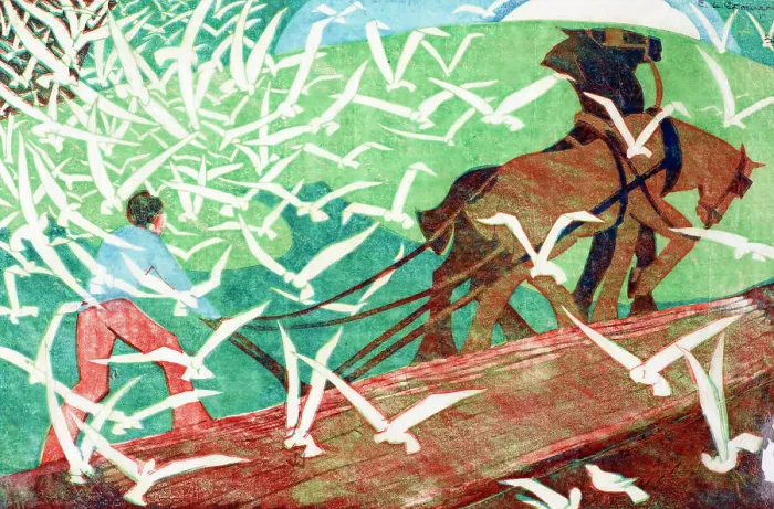 Framed Print : Birds following a plough, 1933. Creator: Ethel Louise Spowers Framed Print : Birds following a plough, 1933. Creator: Ethel Louise Spowers
