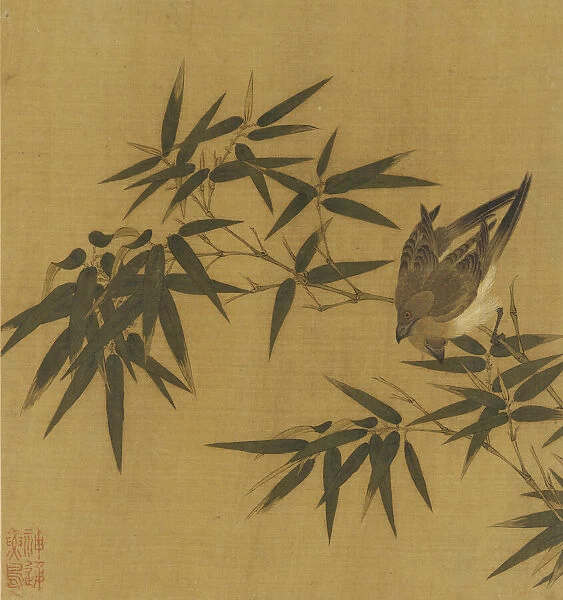 Two birds swinging on a branch of bamboo, Qing dynasty, 18th century. Creator: Unknown