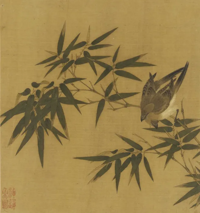 Framed Print : Two birds swinging on a branch of bamboo, Qing dynasty, 18th century. Creator: Unknown Framed Print : Two birds swinging on a branch of bamboo, Qing dynasty, 18th century. Creator: Unknown