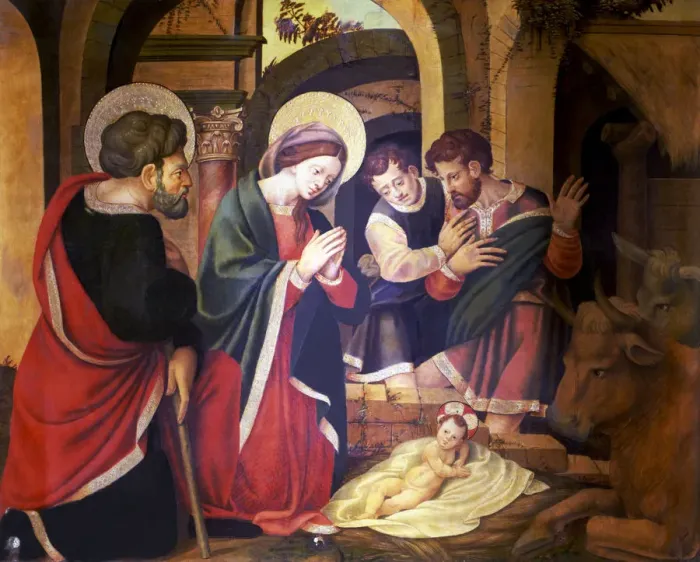 Framed Print : Birth and Adoration of the Shepherds. Detail of the altarpiece with scenes of Framed Print : Birth and Adoration of the Shepherds. Detail of the altarpiece with scenes of