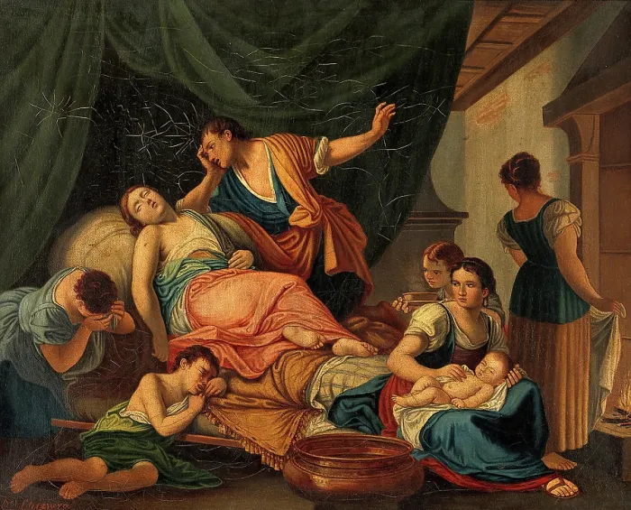 Framed Print : The birth of Benjamin and the death of Rachel. Creator: Giambettino Cignaroli