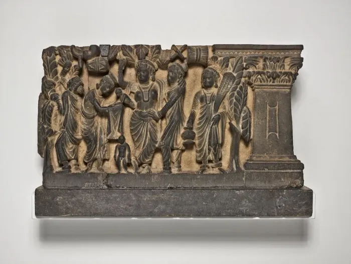 Framed Print : The Birth and the First Seven Steps of the Buddha, Kushan period, about 2nd  /  3rd century
