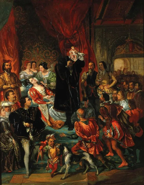 Framed Print : The birth of Henri IV at the castle of Pau, 1800-1899. Creator: Eugene Deveria Framed Print : The birth of Henri IV at the castle of Pau, 1800-1899. Creator: Eugene Deveria