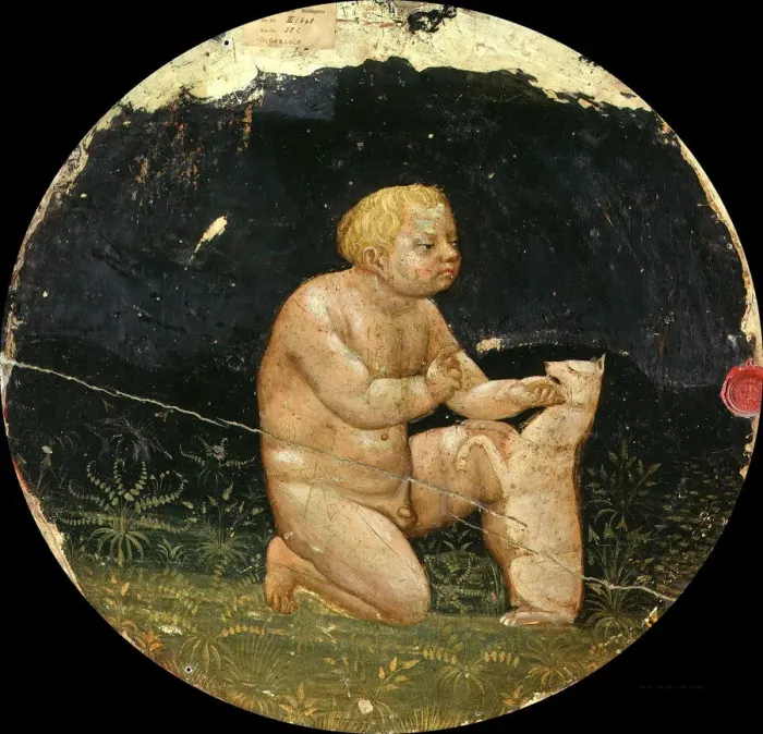 Framed Print : Birth Plate (Desco da Parto) Obverse: Boy playing with a dog Framed Print : Birth Plate (Desco da Parto) Obverse: Boy playing with a dog