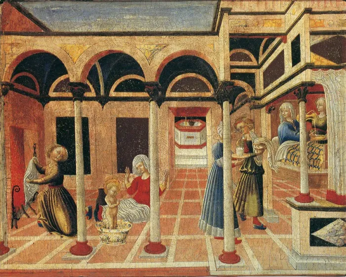 Framed Print : Birth of Saint Nicolas of Bari, 1430s. Artist: Pietro di Giovanni d Ambrogio (ca 1410-1449) Framed Print : Birth of Saint Nicolas of Bari, 1430s. Artist: Pietro di Giovanni d Ambrogio (ca 1410-1449)
