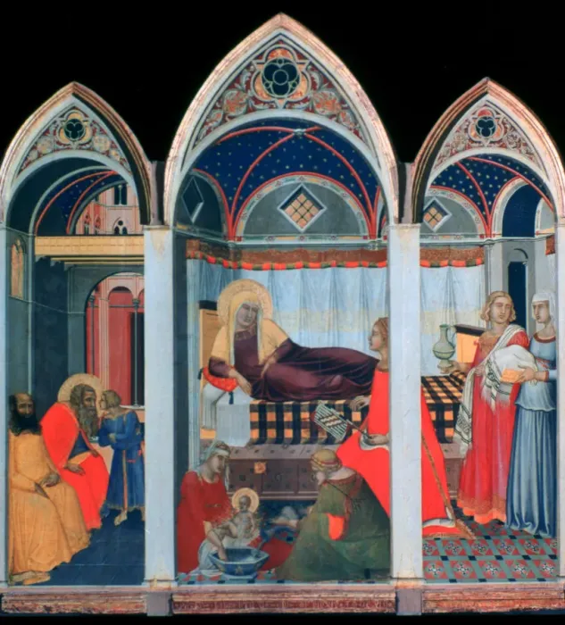 Framed Print : Birth of the Virgin, 1342. Artist: Pietro Lorenzetti Framed Print : Birth of the Virgin, 1342. Artist: Pietro Lorenzetti