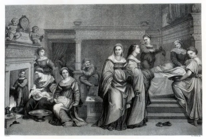 Framed Print : Birth of the Virgin, 1514 (1870). Artist: E Thomas Framed Print : Birth of the Virgin, 1514 (1870). Artist: E Thomas