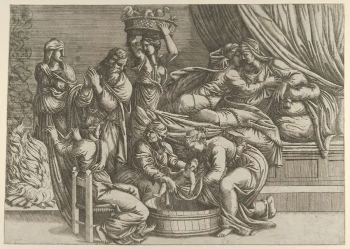 Framed Print : The Birth of the Virgin, 16th century. 16th century. Creator: Anon Framed Print : The Birth of the Virgin, 16th century. 16th century. Creator: Anon