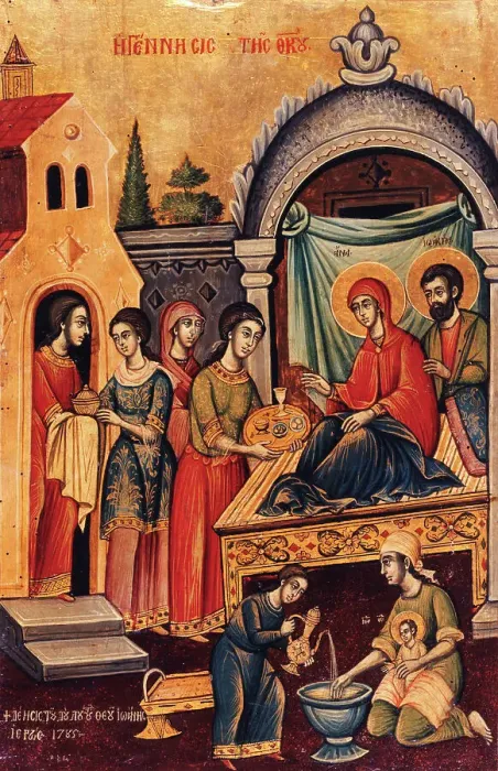 Framed Print : Birth of the Virgin, 1785. Creator: Greek School Framed Print : Birth of the Virgin, 1785. Creator: Greek School