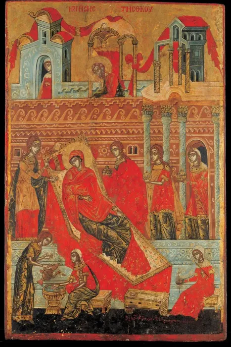 Framed Print : The Birth of the Virgin, 17th century. Artist: Adrianoupolitis, Konstantinos (active 17th century) Framed Print : The Birth of the Virgin, 17th century. Artist: Adrianoupolitis, Konstantinos (active 17th century)