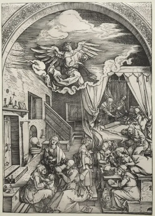 Framed Print : The Birth of the Virgin, c. 1503-1504. Creator: Albrecht Dürer (German, 1471-1528) Framed Print : The Birth of the Virgin, c. 1503-1504. Creator: Albrecht Dürer (German, 1471-1528)