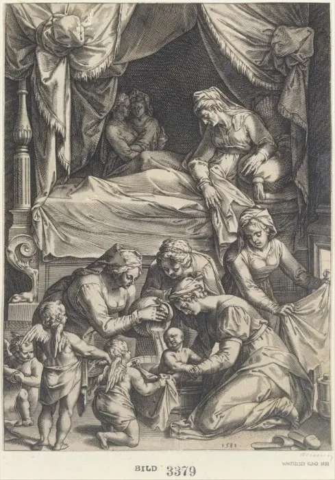 Framed Print : Birth of the Virgin (copy), 1581. Creator: Julius Goltzius Framed Print : Birth of the Virgin (copy), 1581. Creator: Julius Goltzius