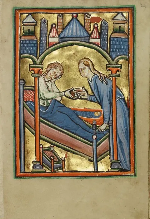 Framed Print : The Birth of the Virgin; Illustrated Vita Christi... about 1190-1200; text added about 1480-1490. Creator: Unknown Framed Print : The Birth of the Virgin; Illustrated Vita Christi... about 1190-1200; text added about 1480-1490. Creator: Unknown