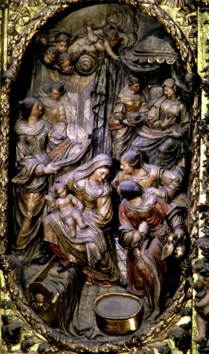 Framed Print : Birth of the Virgin Mary, detail of the altarpiece in the church of Santa Maria Framed Print : Birth of the Virgin Mary, detail of the altarpiece in the church of Santa Maria