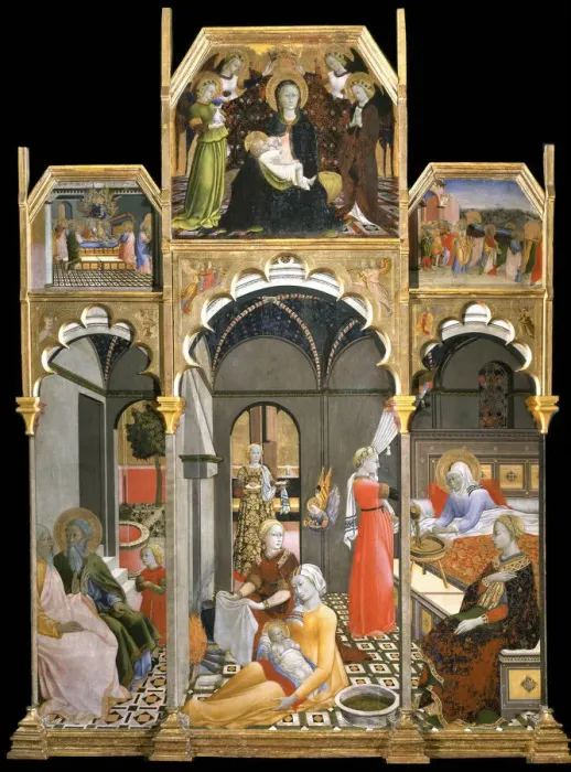 Framed Print : The Birth of the Virgin (Scenes from the Life of the Virgin), 1437-1439. Artist: Sano di Pietro (1406-1481) Framed Print : The Birth of the Virgin (Scenes from the Life of the Virgin), 1437-1439. Artist: Sano di Pietro (1406-1481)