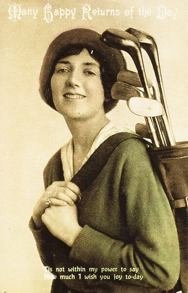 Birthday postcard with a picture of a woman golfer, c1908
