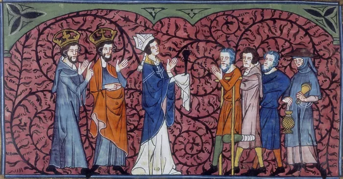 Framed Print : A Bishop and clergy greeting beggars and pilgrims, c1325-c1350. Creator: Unknown Framed Print : A Bishop and clergy greeting beggars and pilgrims, c1325-c1350. Creator: Unknown