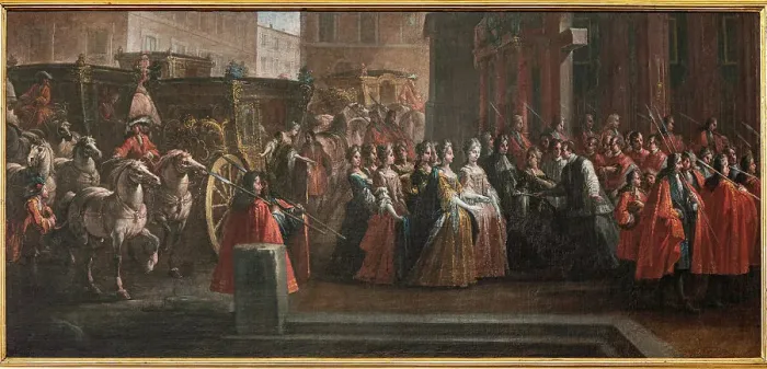 Framed Print : The bishop and clergy of Parma pay homage to Elisabetta Farnese at the door of the... 1715-1717. Creator: Spolverini (Mercanti); Ilario Giacinto (1657-1734) Framed Print : The bishop and clergy of Parma pay homage to Elisabetta Farnese at the door of the... 1715-1717. Creator: Spolverini (Mercanti); Ilario Giacinto (1657-1734)