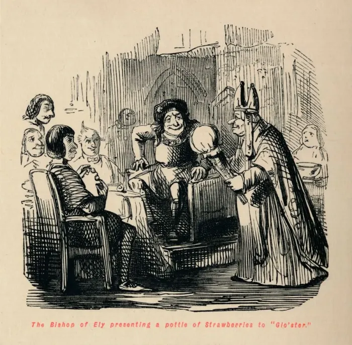 Framed Print : The Bishop of Ely presenting a pottle of Strawberries to Glo ster Artist: John Leech Framed Print : The Bishop of Ely presenting a pottle of Strawberries to Glo ster Artist: John Leech