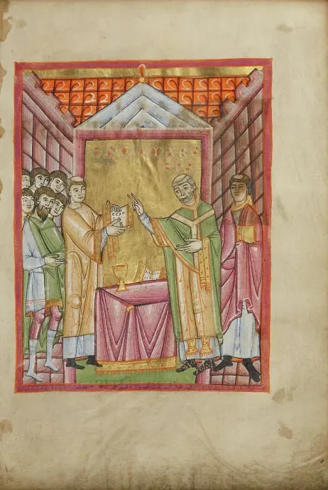 Framed Print : Bishop Engilmar Celebrating Mass; Benedictional, about 1030-1040. Creator: Unknown Framed Print : Bishop Engilmar Celebrating Mass; Benedictional, about 1030-1040. Creator: Unknown