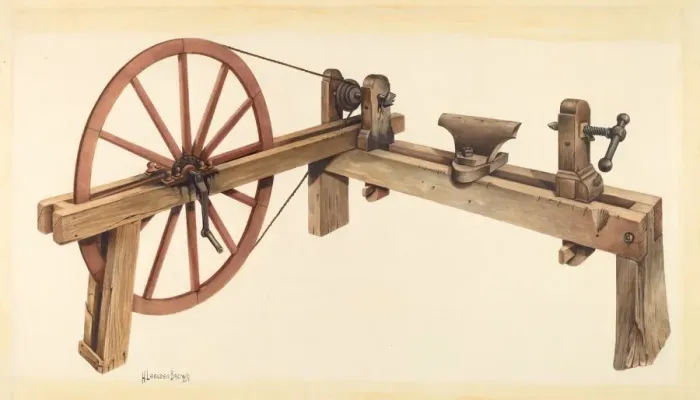 Framed Print : Bishop Hill: Woodturning Lathe, 1939. Creator: H. Langden Brown Framed Print : Bishop Hill: Woodturning Lathe, 1939. Creator: H. Langden Brown
