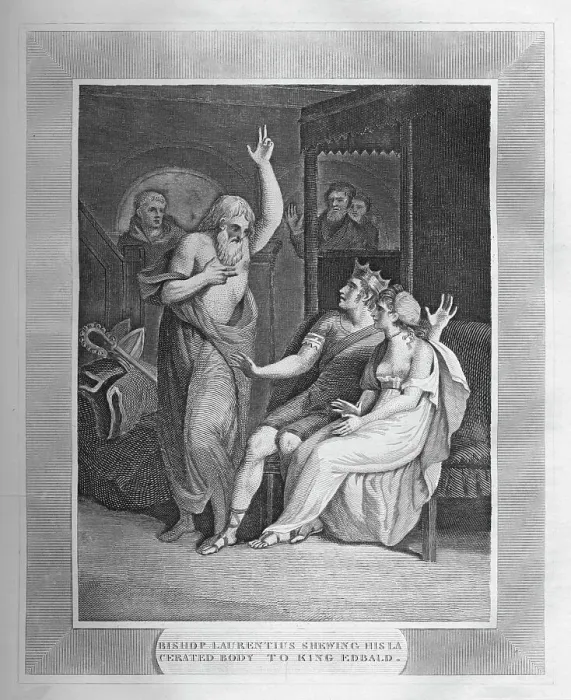 Framed Print : Bishop Laurentius Shewing His Cerated Body To King Edbald, 1838 Framed Print : Bishop Laurentius Shewing His Cerated Body To King Edbald, 1838