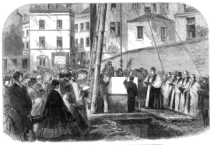 Framed Print : The Bishop of Oxford laying the foundation-stone of an English church at Brussels, 1864. Creator: Unknown Framed Print : The Bishop of Oxford laying the foundation-stone of an English church at Brussels, 1864. Creator: Unknown