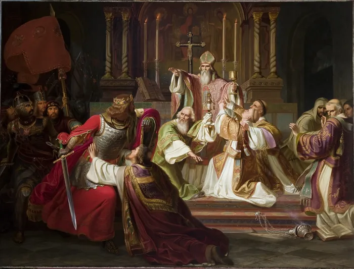 Framed Print : Bishop Stanislaw Szczepanowski Putting a Curse on King Boleslaw Smialy, c1840. Creator: Juliusz Knoor Framed Print : Bishop Stanislaw Szczepanowski Putting a Curse on King Boleslaw Smialy, c1840. Creator: Juliusz Knoor