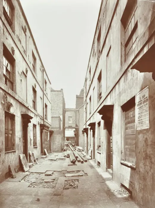 Framed Print : Bishops Court with boarded-up houses, London, 1906 Framed Print : Bishops Court with boarded-up houses, London, 1906