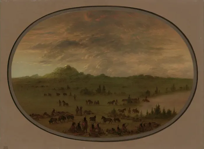 Framed Print : Bivouac of a Sioux War Party at Sunrise, 1861 / 1869. Creator: George Catlin Framed Print : Bivouac of a Sioux War Party at Sunrise, 1861 / 1869. Creator: George Catlin