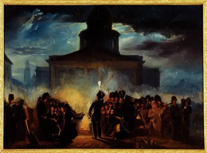 Framed Print : Bivouacplace du Panthéon, dans la nuit du 22 au 23 décembre 1830, 1830. Creator: Auguste Raffet Framed Print : Bivouacplace du Panthéon, dans la nuit du 22 au 23 décembre 1830, 1830. Creator: Auguste Raffet