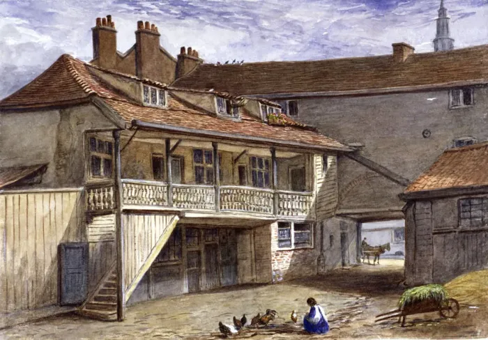 Framed Print : The Black Bull Inn, Whitefriars, London, 1867. Artist: JT Wilson Framed Print : The Black Bull Inn, Whitefriars, London, 1867. Artist: JT Wilson