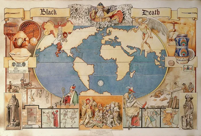 Framed Print : Black Death - pictorial diagram... late 19th-early 20th century? Creator: Monro Scott Orr Framed Print : Black Death - pictorial diagram... late 19th-early 20th century? Creator: Monro Scott Orr