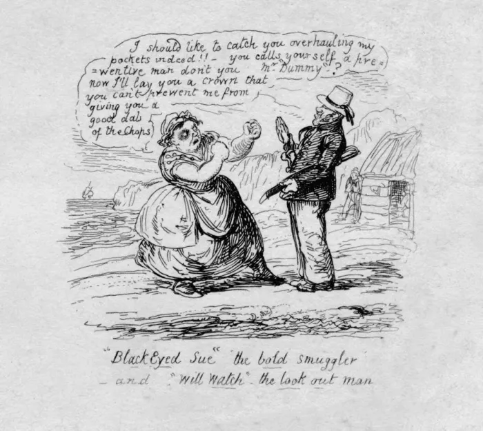 Framed Print : Black Eyed Sue the bold smuggler and Will Watch the look out man, 1829. Artist: George Cruikshank Framed Print : Black Eyed Sue the bold smuggler and Will Watch the look out man, 1829. Artist: George Cruikshank