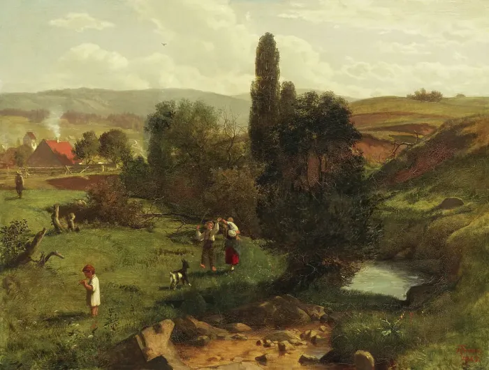 Framed Print : Black Forest landscape with children playing, 1867. Creator: Thoma, Hans (1839-1924) Framed Print : Black Forest landscape with children playing, 1867. Creator: Thoma, Hans (1839-1924)