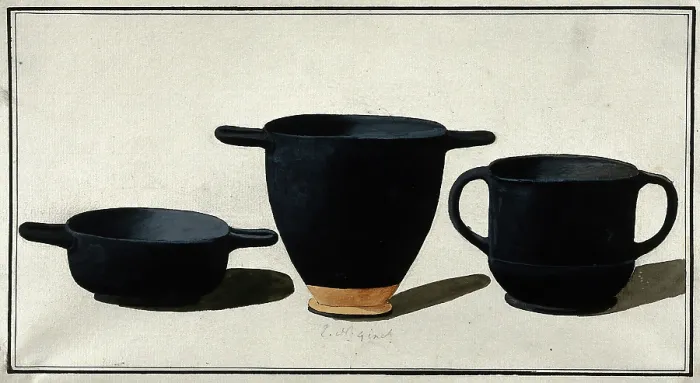 Framed Print : Black Greek drinking cups; left, shallow cup with horizontal handles; middle, tall cup... 1760-9. Creator: Augustin Dahlsteen Framed Print : Black Greek drinking cups; left, shallow cup with horizontal handles; middle, tall cup... 1760-9. Creator: Augustin Dahlsteen