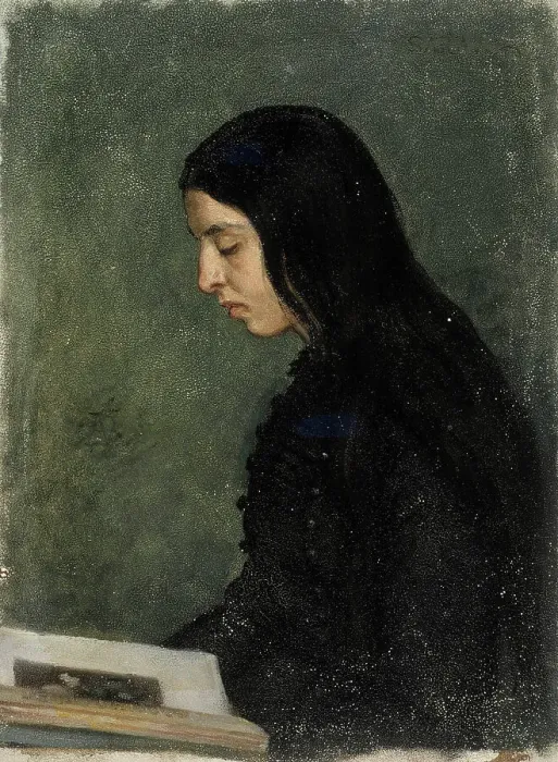 Framed Print : Black-haired woman reading, 1860-1900. Creator: Adolf von Becker Framed Print : Black-haired woman reading, 1860-1900. Creator: Adolf von Becker