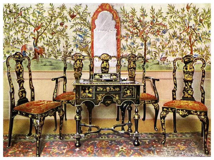 Framed Print : Black lacquer settee, chairs and table and red lacquer mirror, 1910. Artist: Edwin Foley Framed Print : Black lacquer settee, chairs and table and red lacquer mirror, 1910. Artist: Edwin Foley