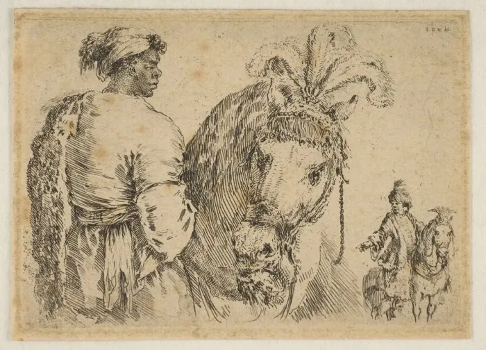Framed Print : A Black Man Feeding a Horse, ca. 1662. Creator: Stefano della Bella Framed Print : A Black Man Feeding a Horse, ca. 1662. Creator: Stefano della Bella